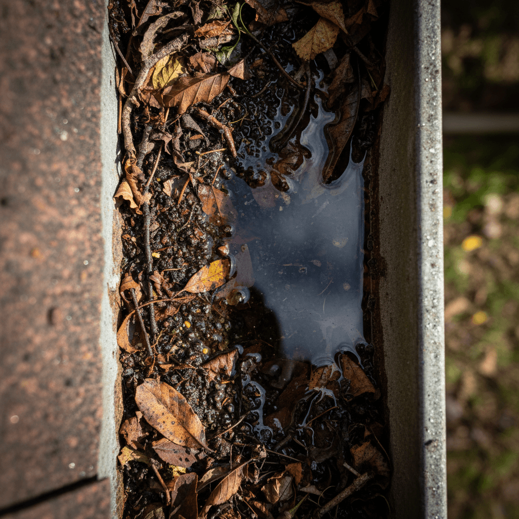 Close-up of clogged gutter filled with leaves, sediment, and standing water requiring cleaning